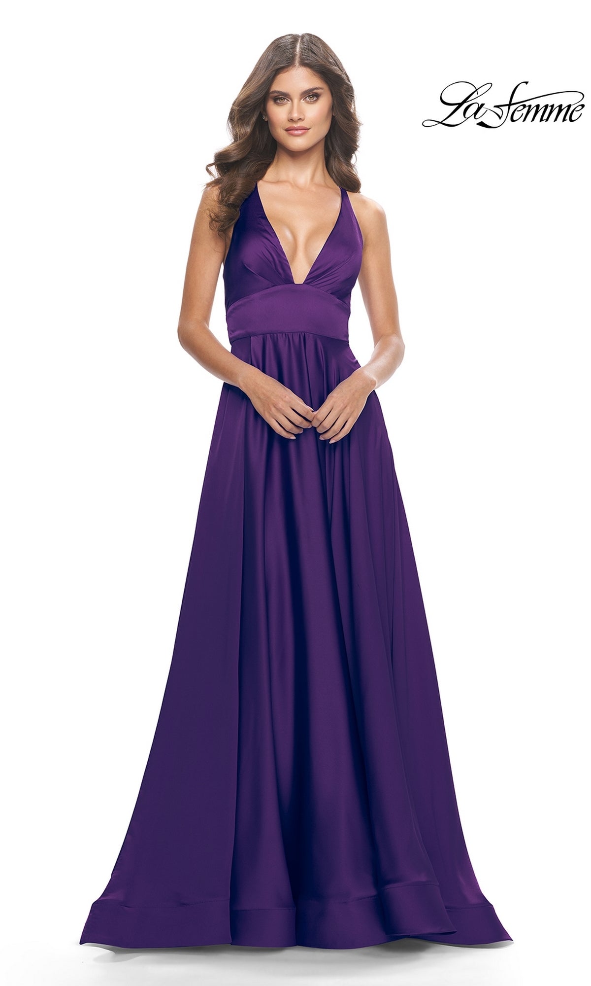 A woman models the Deep V-Neck Long A-Line Prom Dress: La Femme 31533 in deep purple against a white background, with